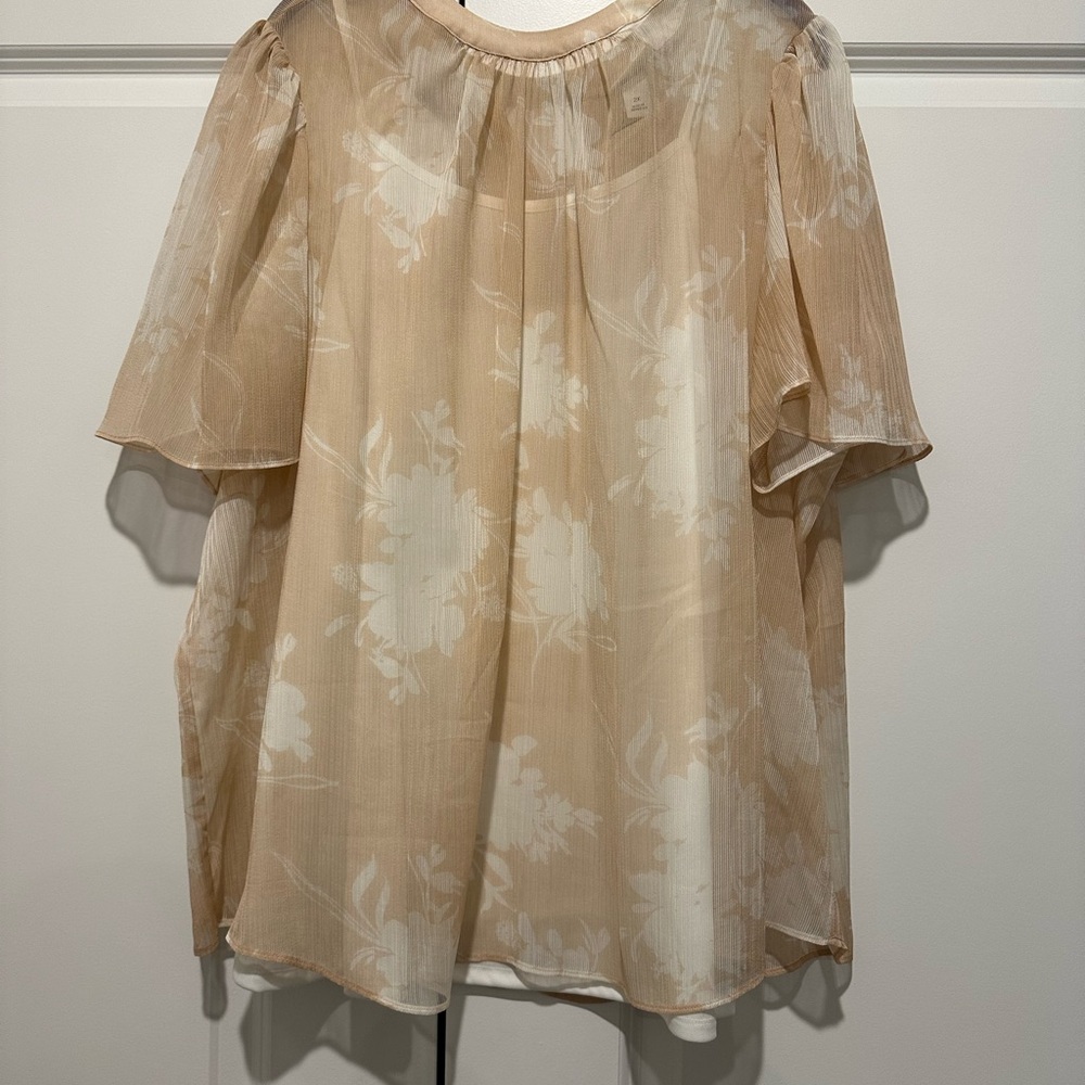 Ava & Viv Floral Sheer Blouse - Tan and White